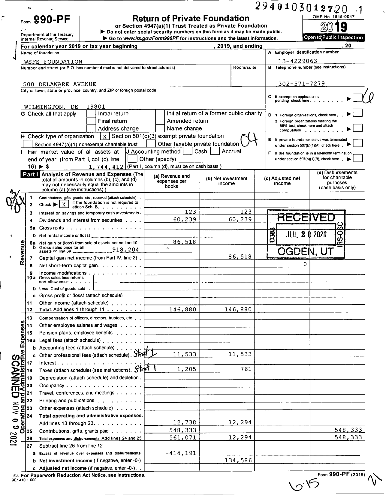 Image of first page of 2019 Form 990PF for WSFS Cares Foundation