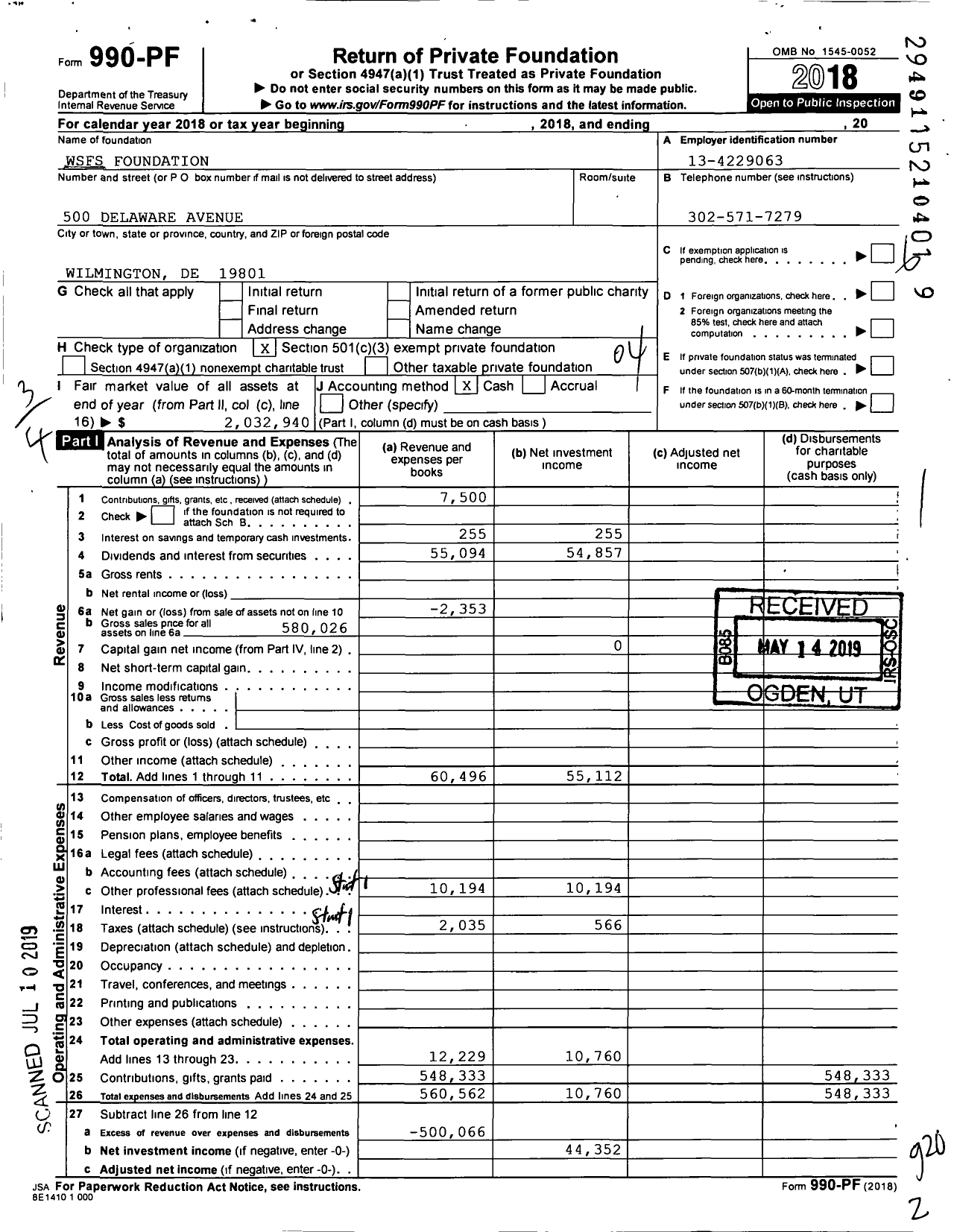 Image of first page of 2018 Form 990PF for WSFS Cares Foundation