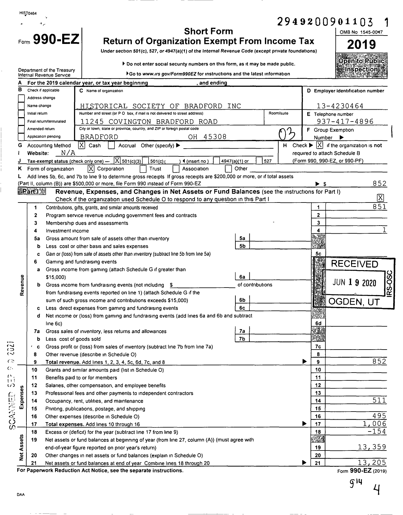 Image of first page of 2019 Form 990EZ for Historical Society of Bradford