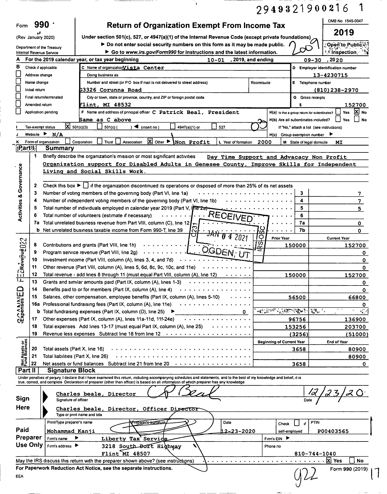 Image of first page of 2019 Form 990 for Vista Center