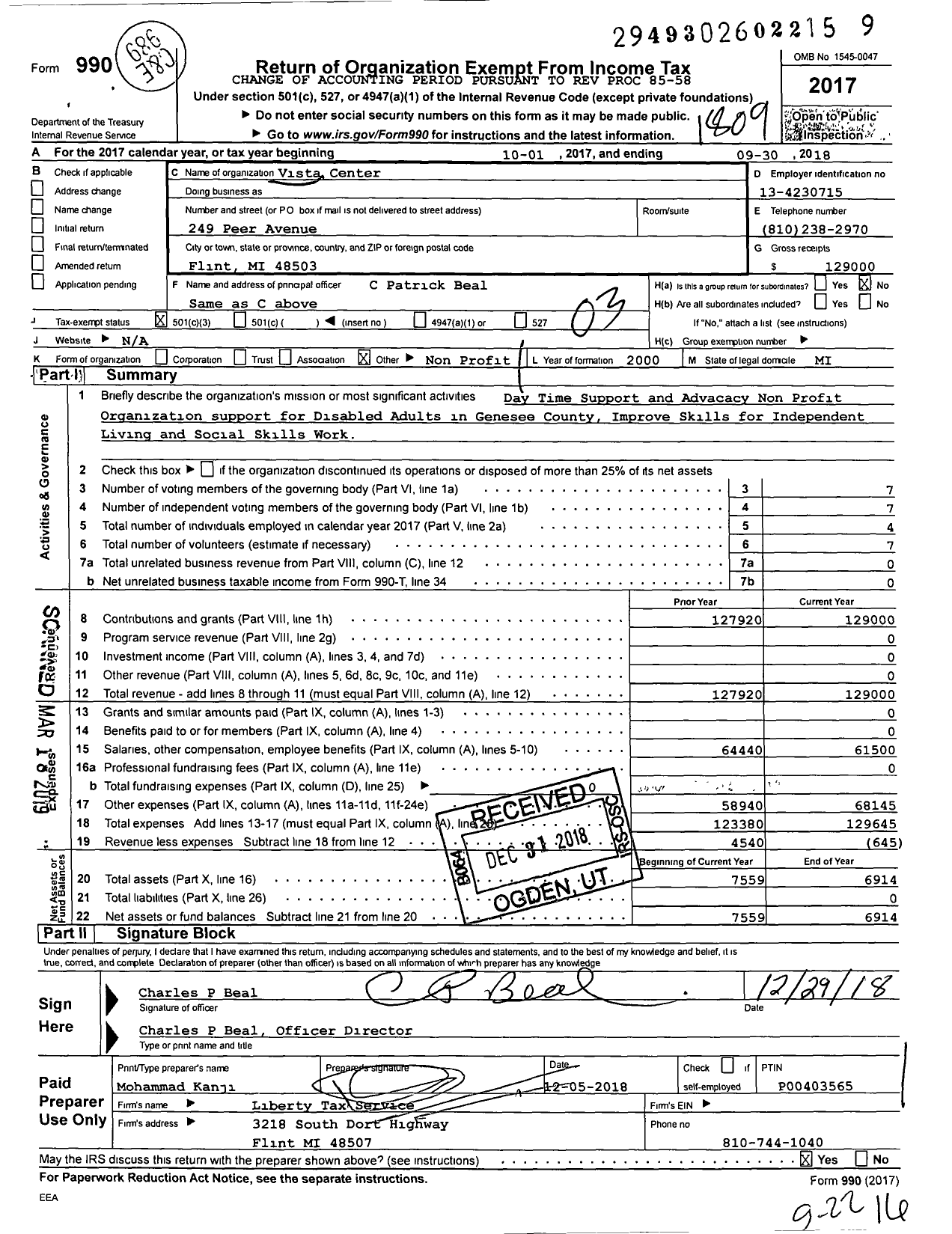 Image of first page of 2017 Form 990 for Vista Center