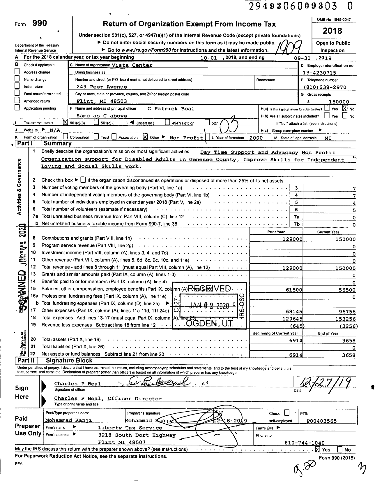 Image of first page of 2018 Form 990 for Vista Center