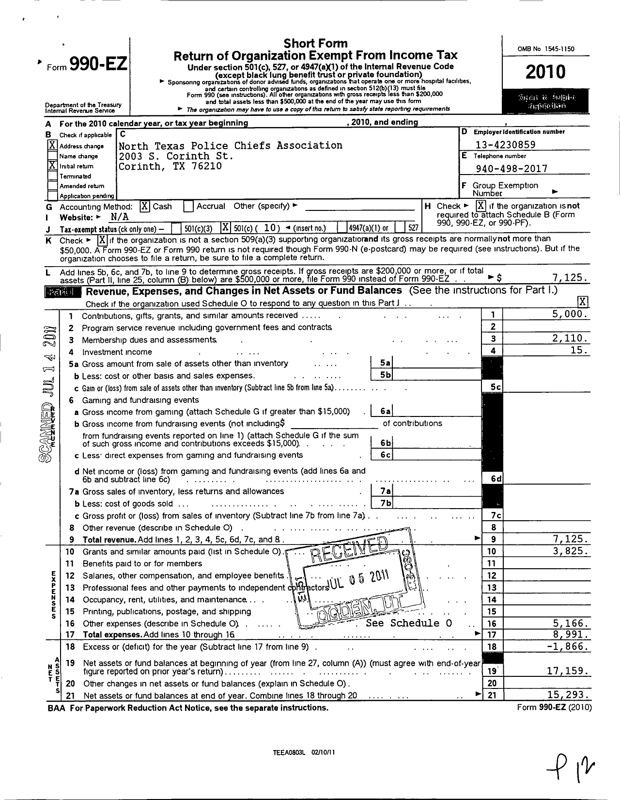 Image of first page of 2010 Form 990EO for North Texas Police Chiefs Association