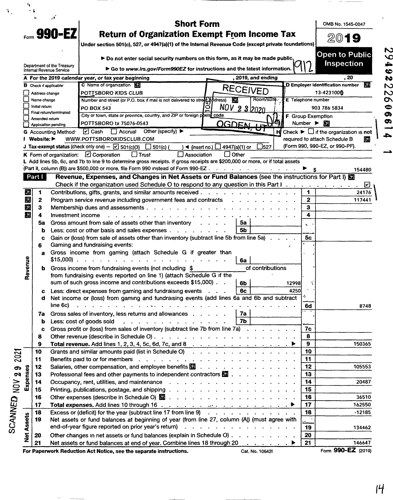 Image of first page of 2019 Form 990EZ for Pottsboro Kids Club