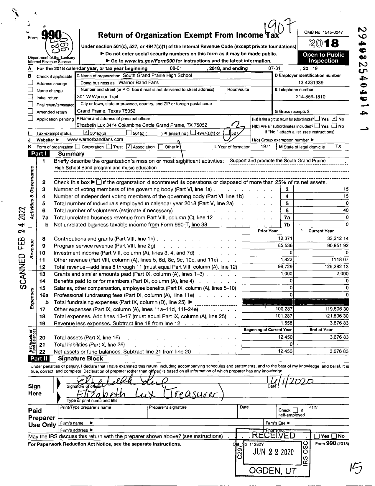 Image of first page of 2018 Form 990 for South Grand Prairie High School Warrior Band Fans