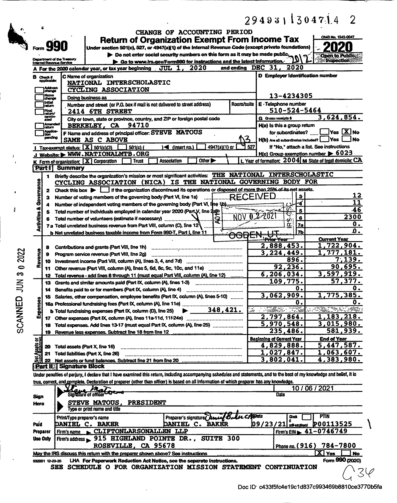 Image of first page of 2020 Form 990 for National Interscholastic Cycling Association