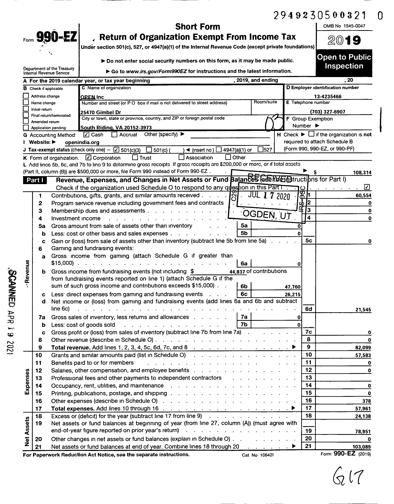 Image of first page of 2019 Form 990EZ for Open