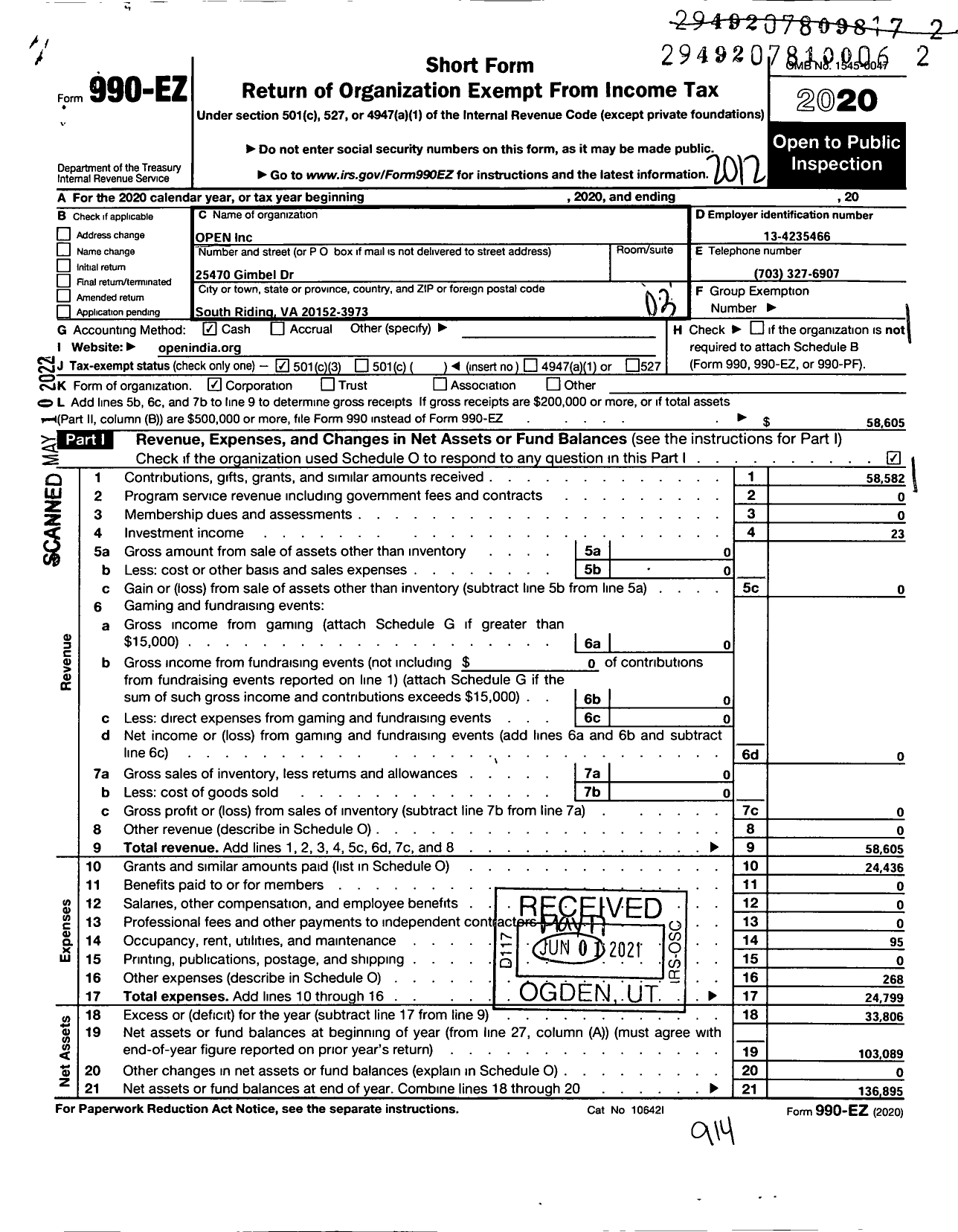 Image of first page of 2020 Form 990EZ for Open