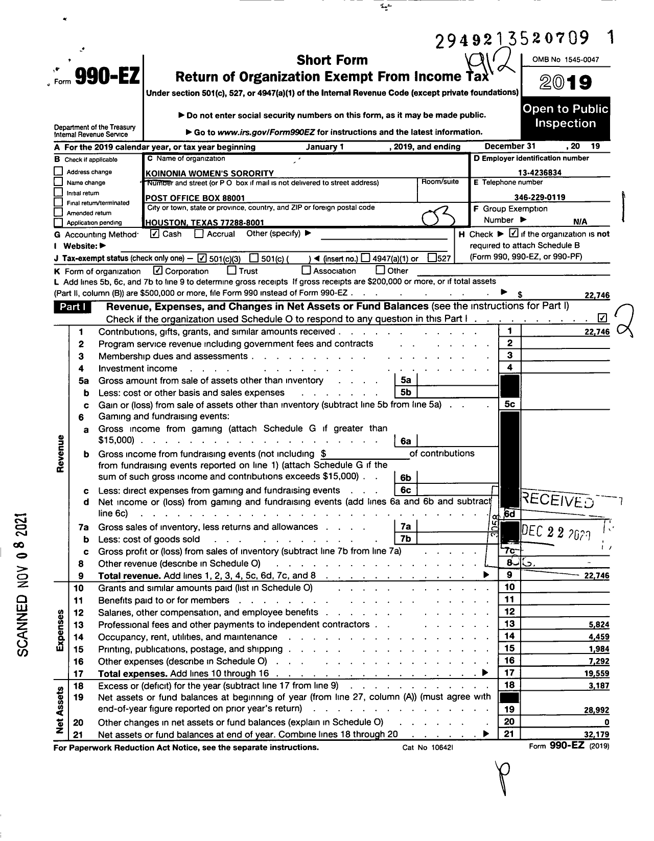 Image of first page of 2019 Form 990EZ for Koinonia Womens Sorority