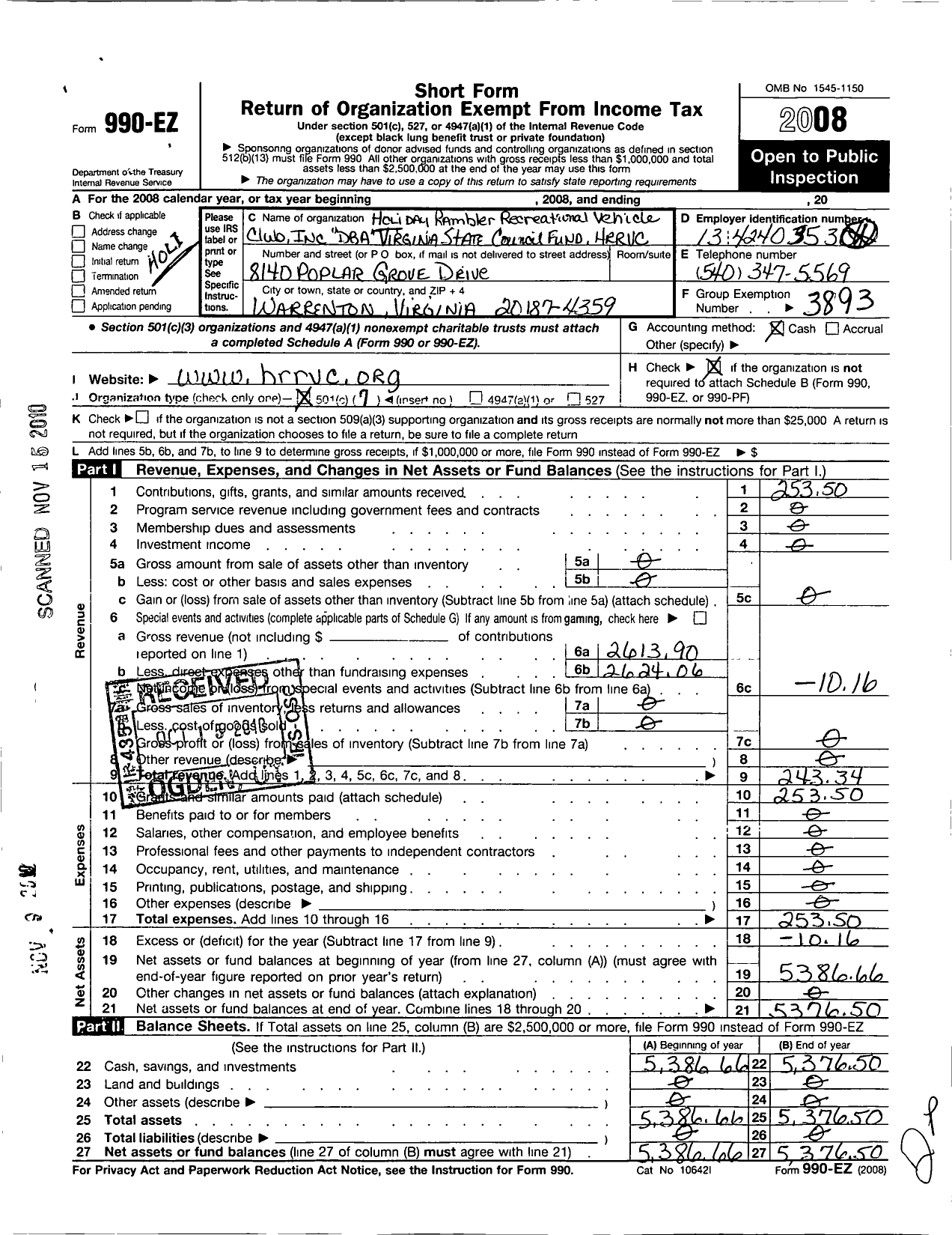 Image of first page of 2008 Form 990EO for Holiday Rambler Recreational Vechicle Club