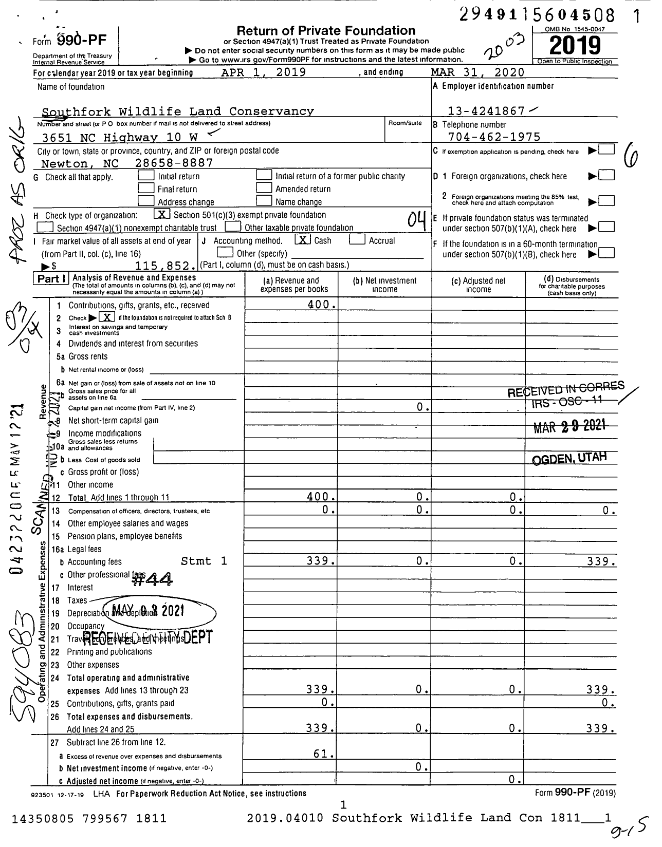 Image of first page of 2019 Form 990PF for Southfork Wildlife Land Conservancy