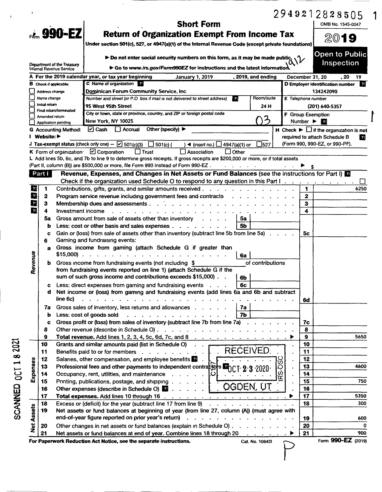 Image of first page of 2019 Form 990EZ for Dominican Forum Community Service