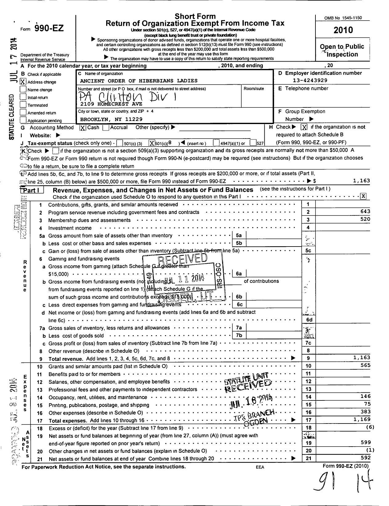 Image of first page of 2010 Form 990EO for Ancient Order of Hiberbians Ladies