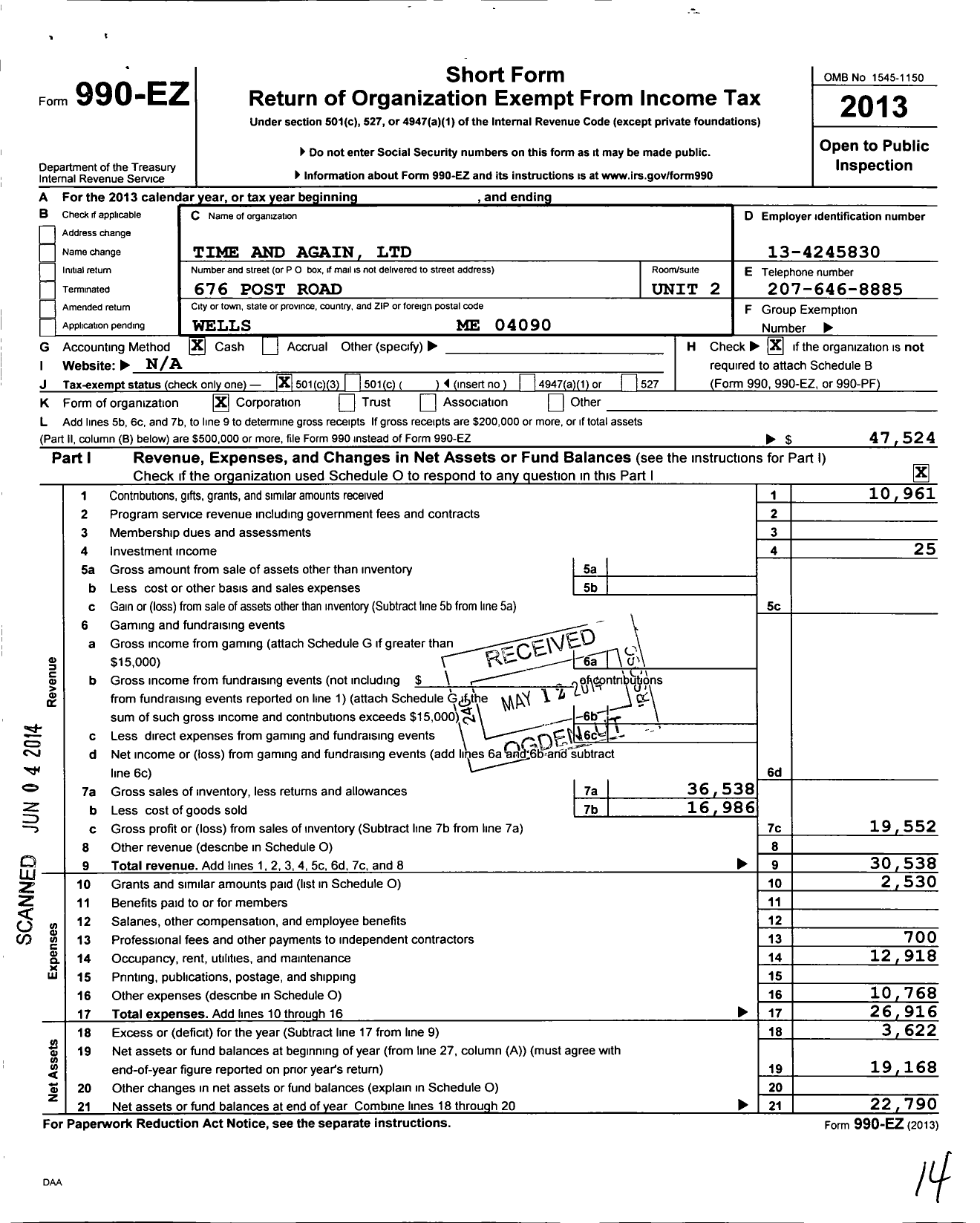 Image of first page of 2013 Form 990EZ for Time and Again