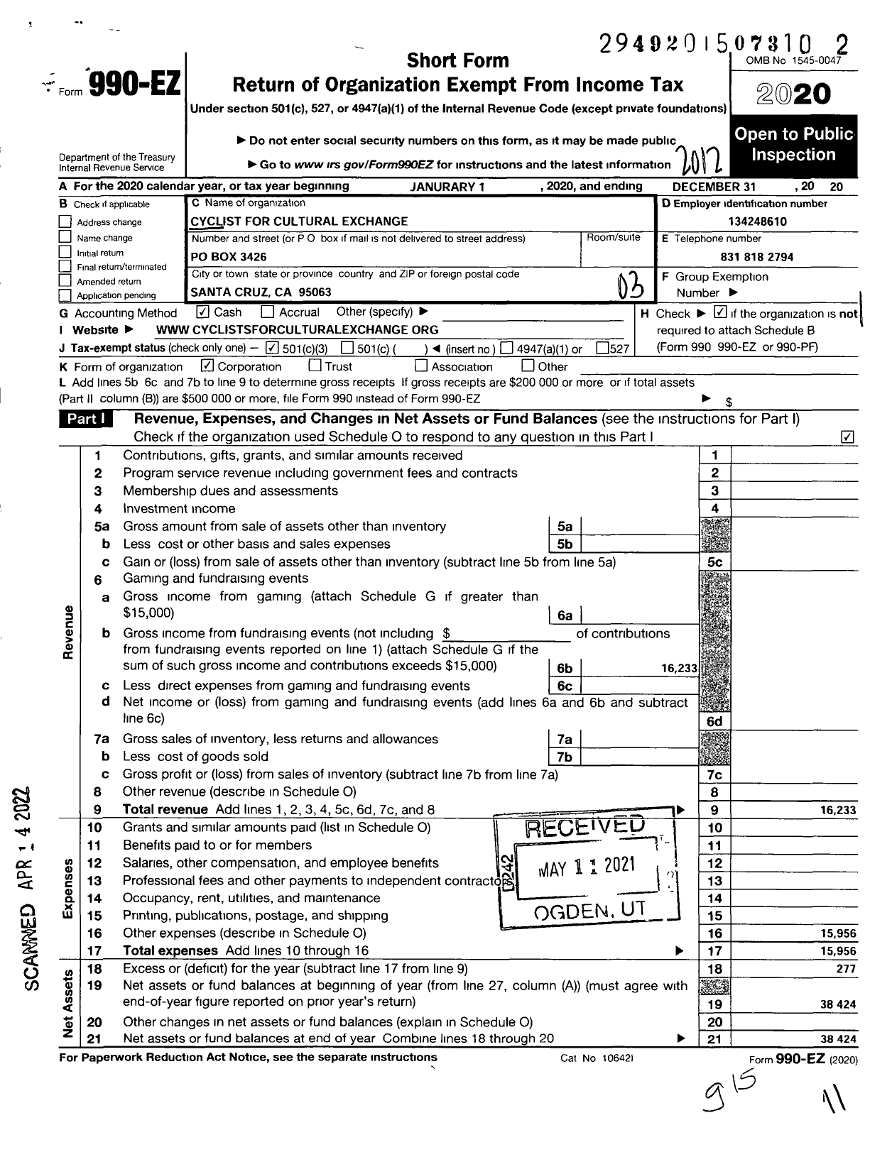 Image of first page of 2020 Form 990EZ for Cyclists for Cultural Exchange