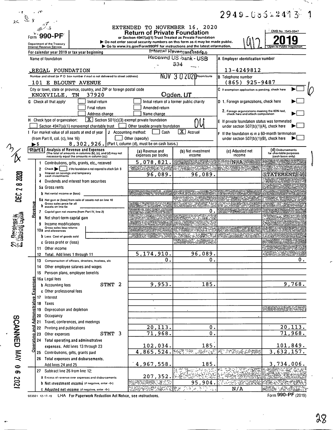 Image of first page of 2019 Form 990PF for Regal Foundation