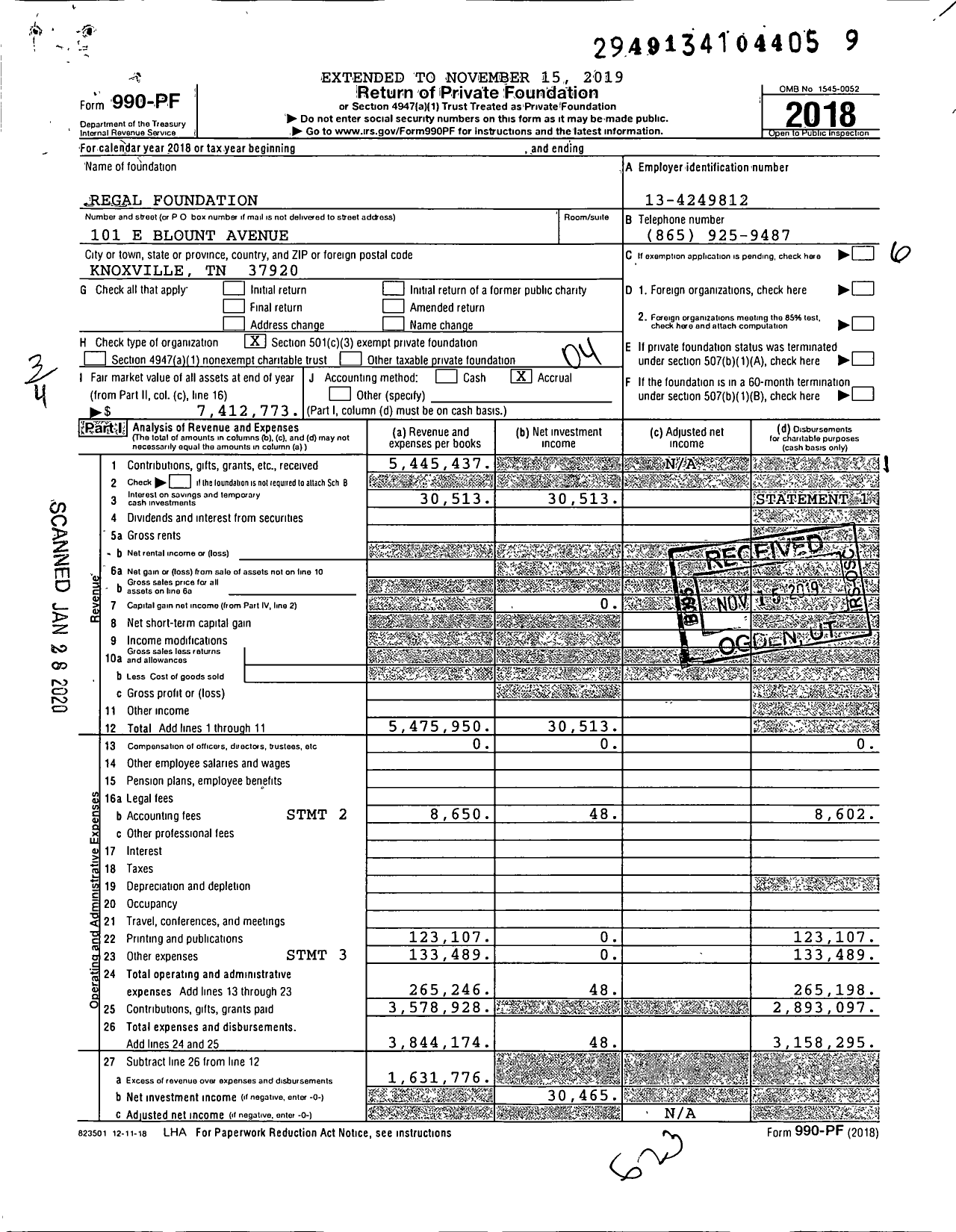 Image of first page of 2018 Form 990PF for Regal Foundation