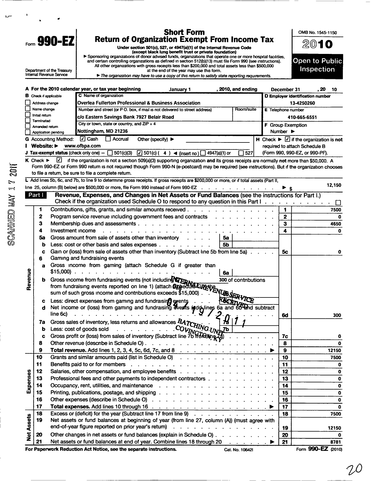 Image of first page of 2010 Form 990EO for Overlea Fullerton Professional and Business Association