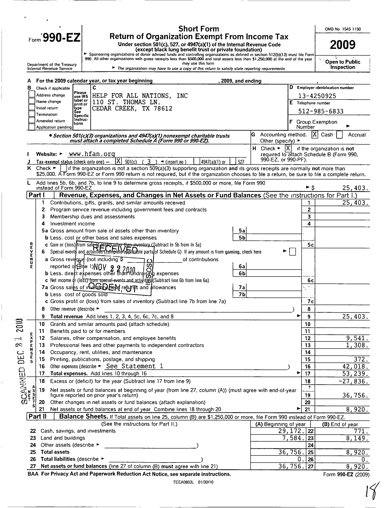 Image of first page of 2009 Form 990EZ for Help for All Nations