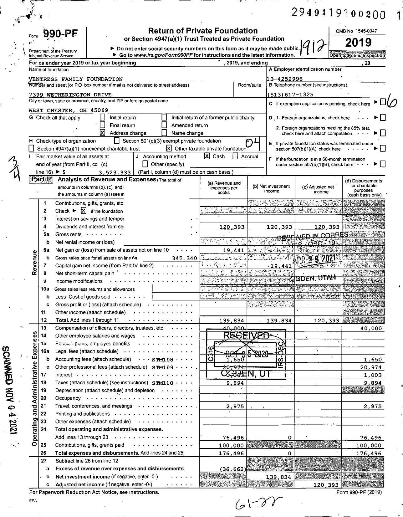 Image of first page of 2019 Form 990PF for Ventress Family Foundation