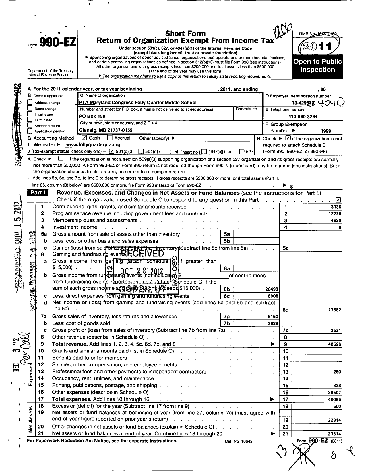 Image of first page of 2011 Form 990EZ for PTA Deleware Congress / Folly Quarter Middle School PTA Or