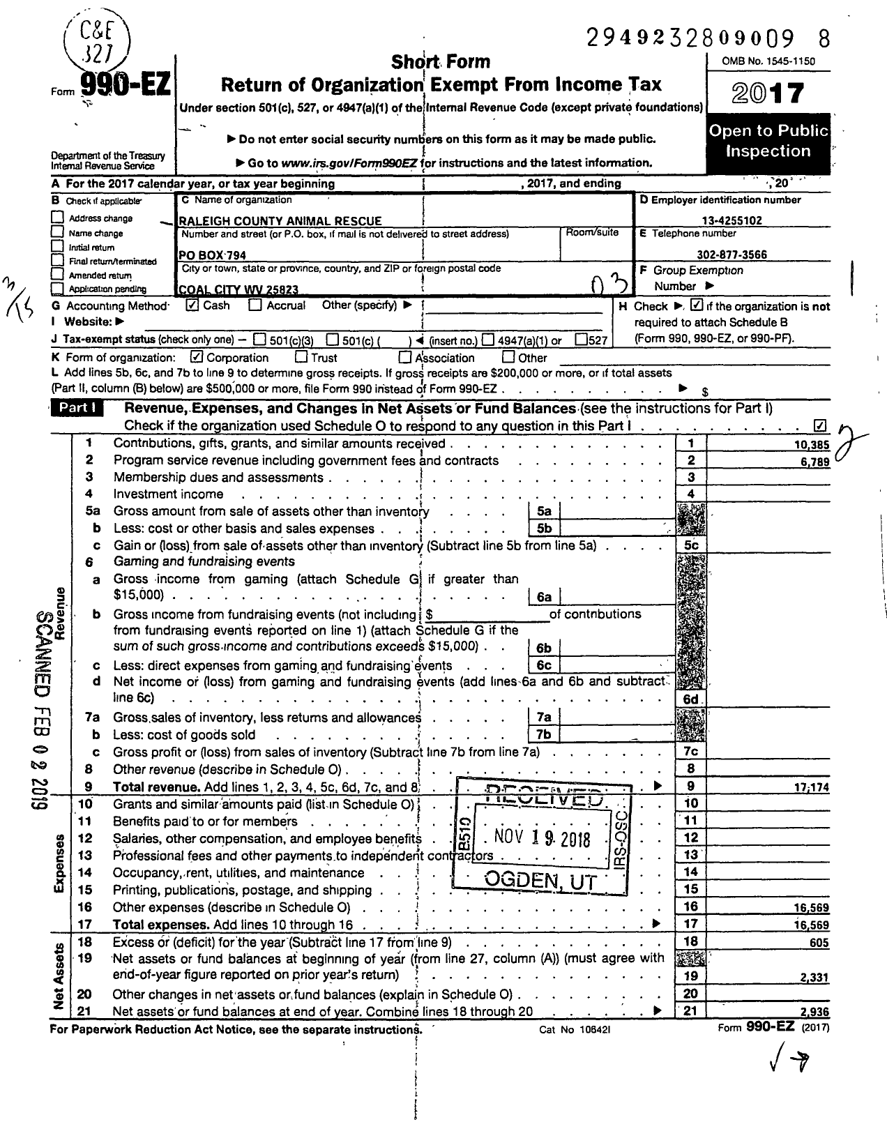 Image of first page of 2017 Form 990EZ for Raleigh County Animal Rescue