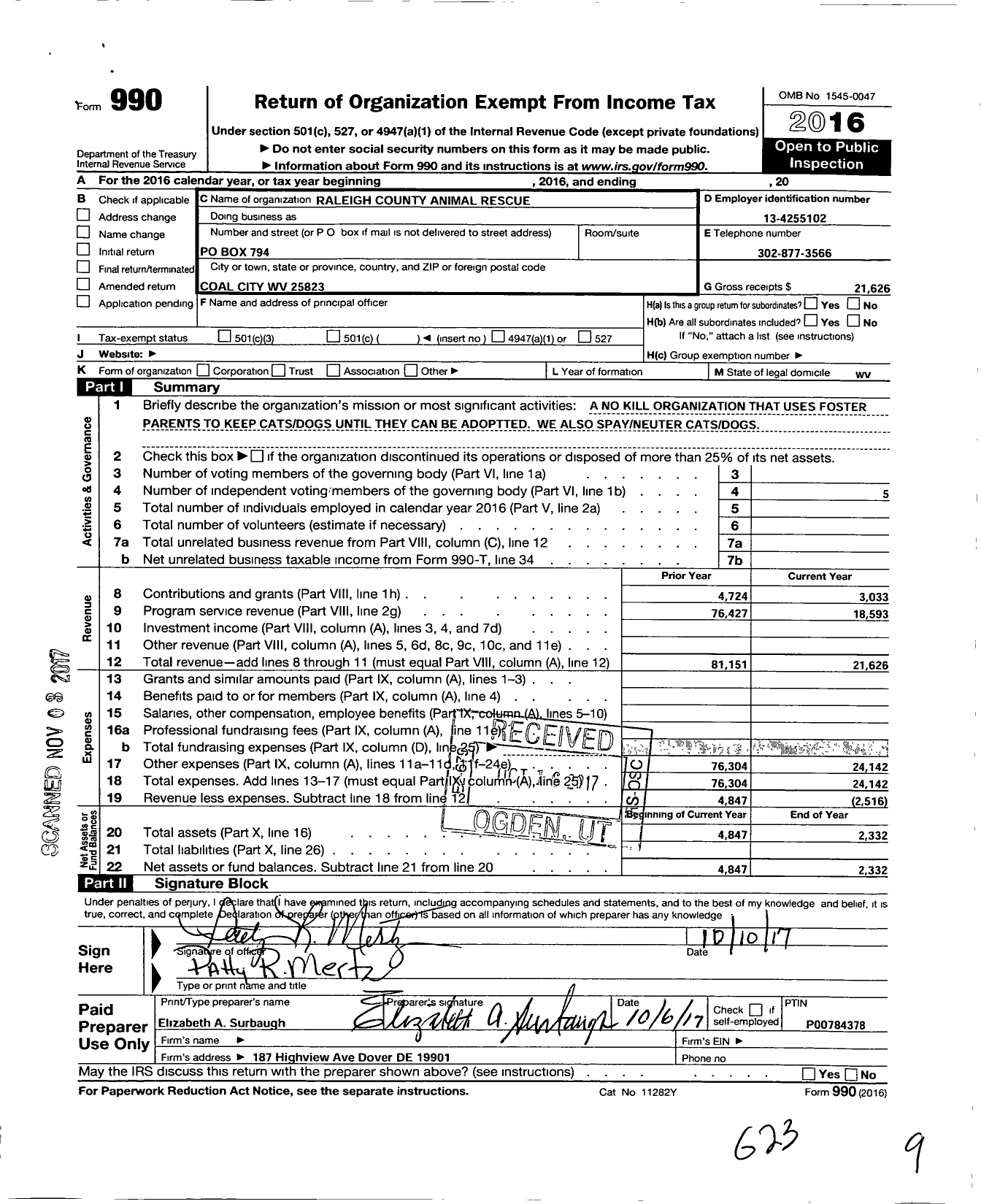 Image of first page of 2016 Form 990O for Raleigh County Animal Rescue