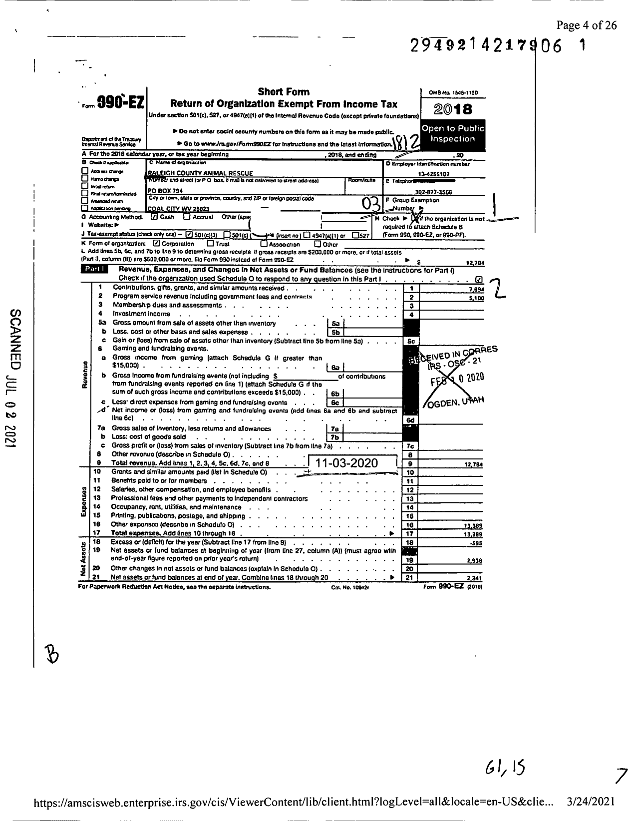 Image of first page of 2018 Form 990EZ for Raleigh County Animal Rescue