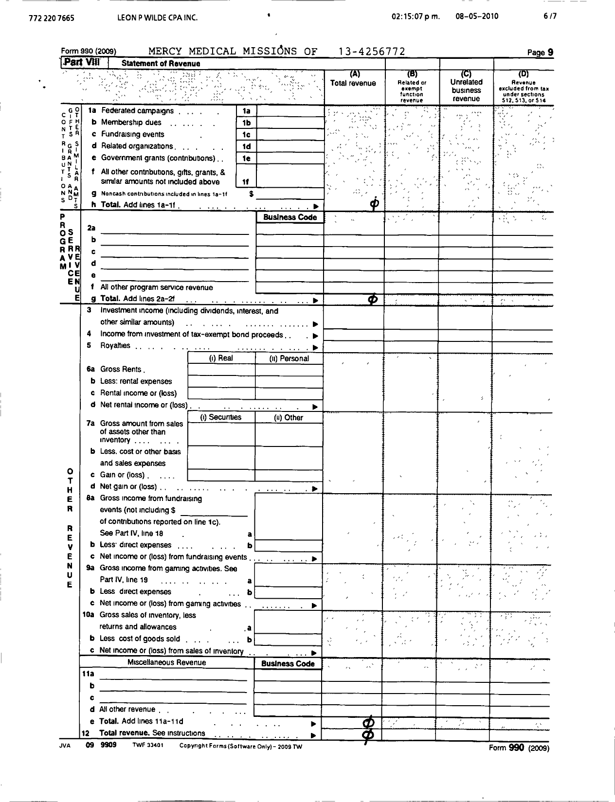 Image of first page of 2009 Form 990R for Mercy Medical Missions of Palm Beach