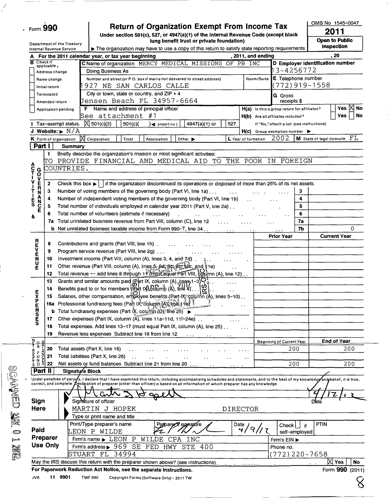 Image of first page of 2011 Form 990 for Mercy Medical Missions of Palm Beach