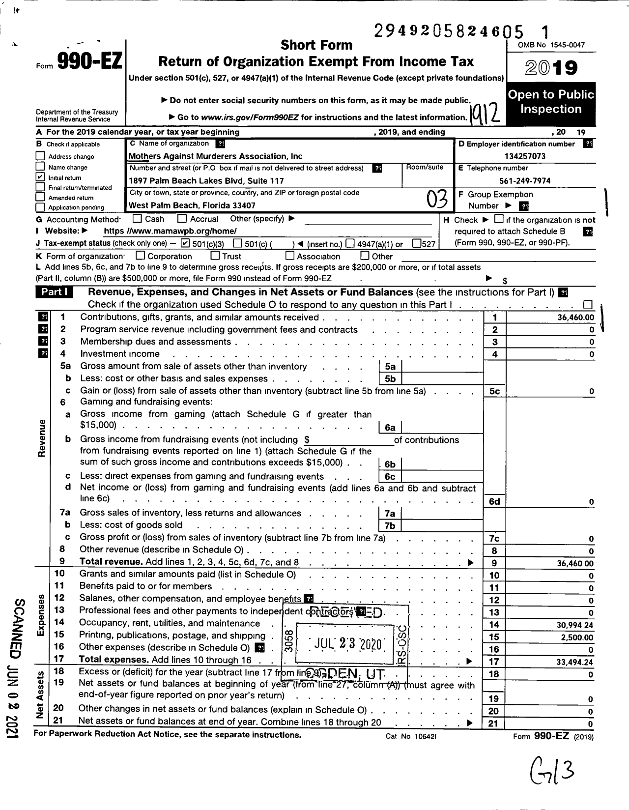 Image of first page of 2019 Form 990EZ for Mothers Against Murderers Association