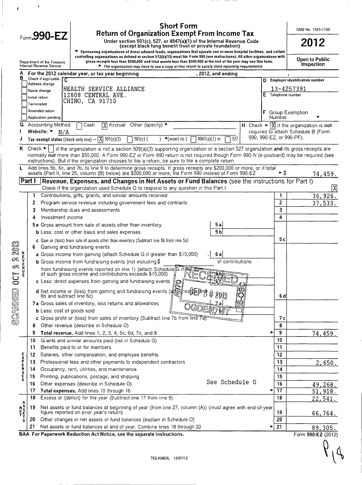 Image of first page of 2012 Form 990EZ for Health Service Alliance