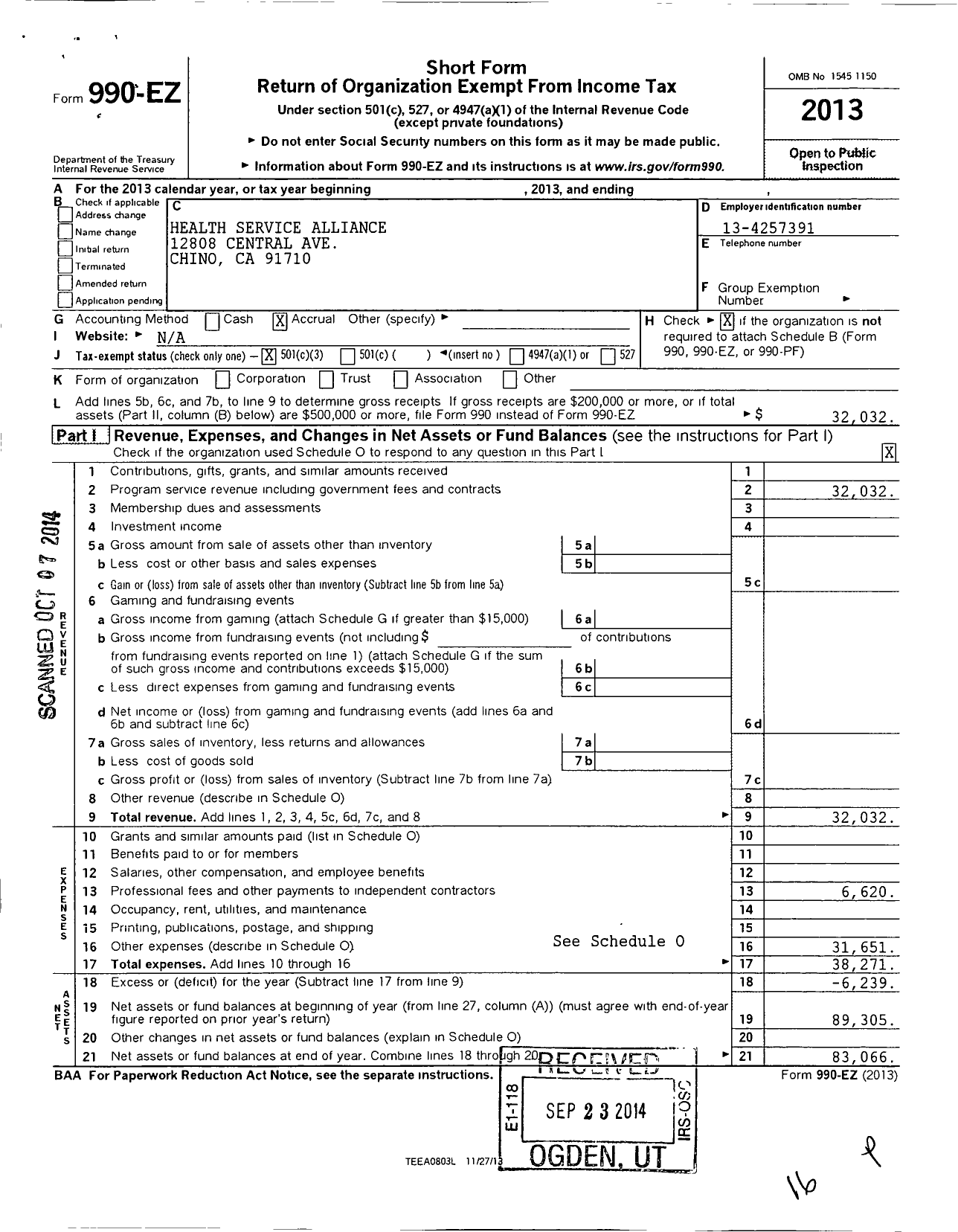 Image of first page of 2013 Form 990EZ for Health Service Alliance