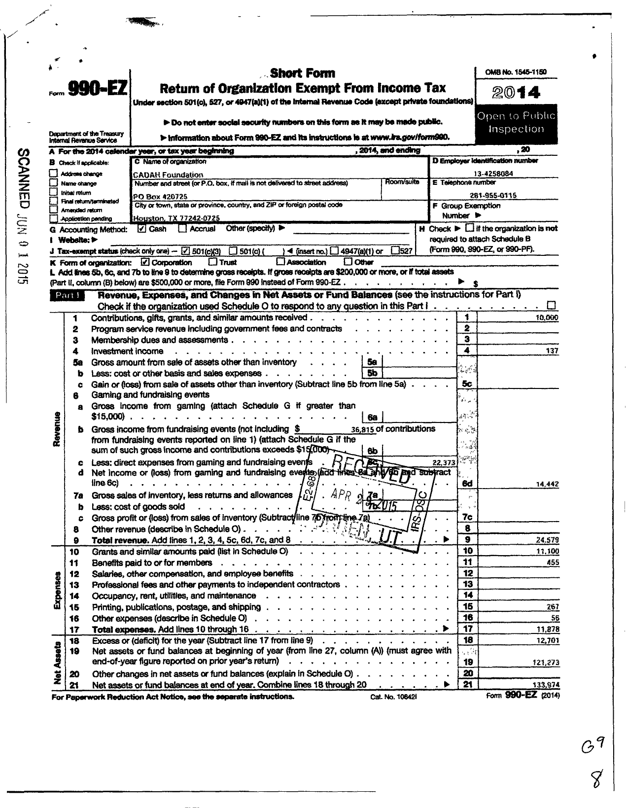 Image of first page of 2014 Form 990EZ for Cadah Foundation