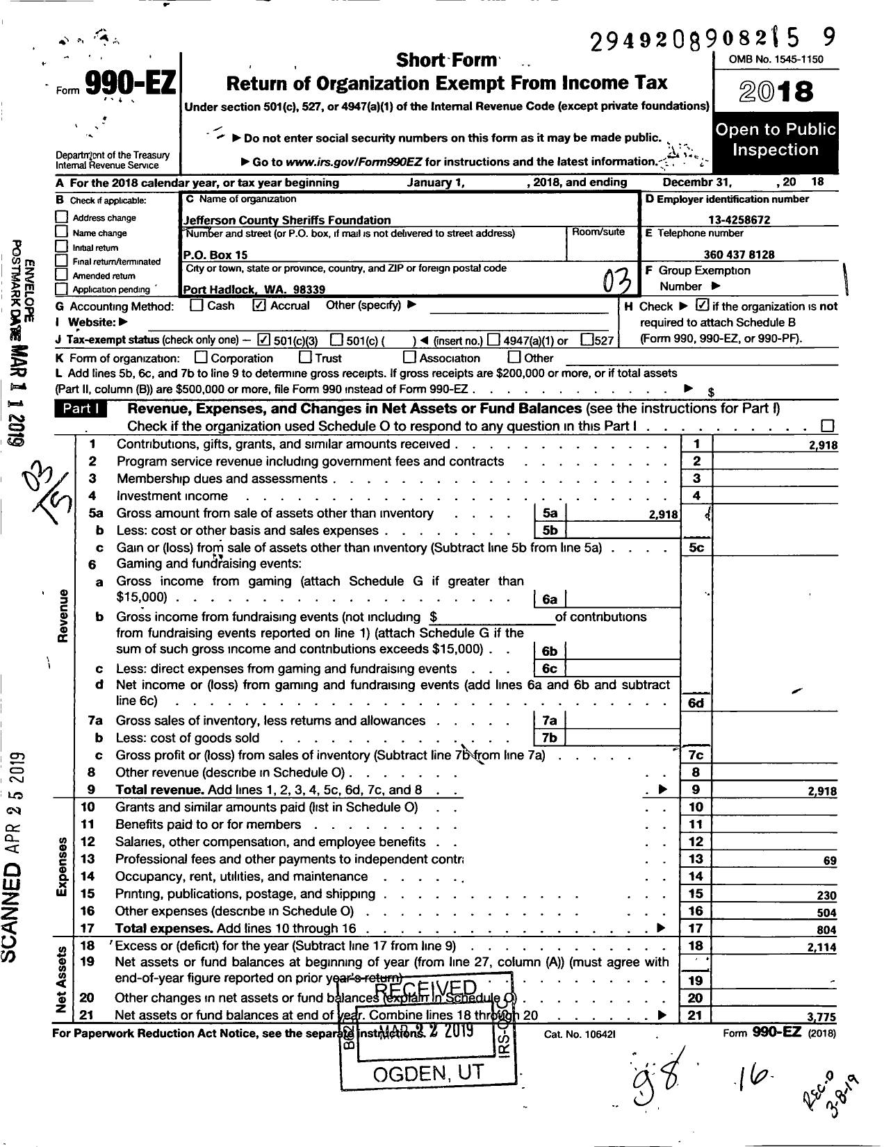 Image of first page of 2018 Form 990EZ for Jefferson County Sheriffs Foundation