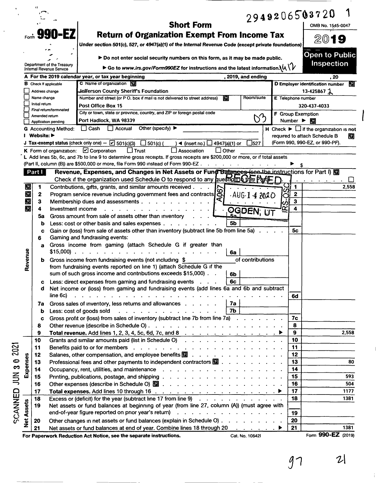 Image of first page of 2019 Form 990EZ for Jefferson County Sheriffs Foundation
