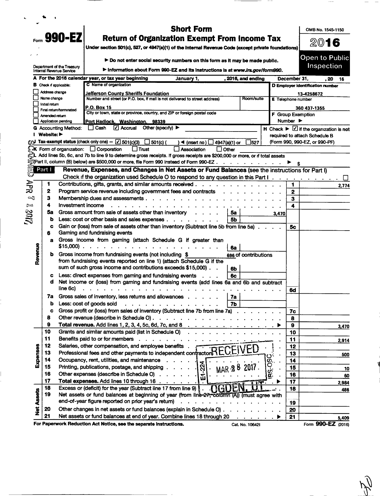 Image of first page of 2016 Form 990EZ for Jefferson County Sheriffs Foundation