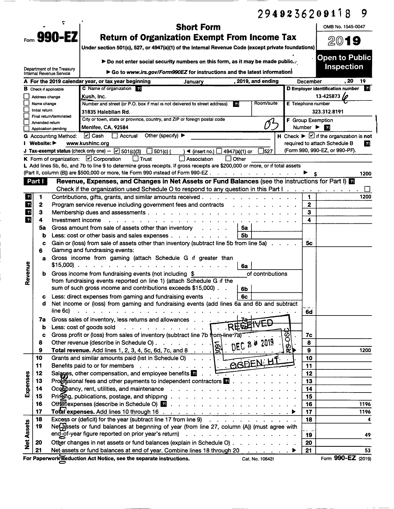 Image of first page of 2019 Form 990EZ for Kush