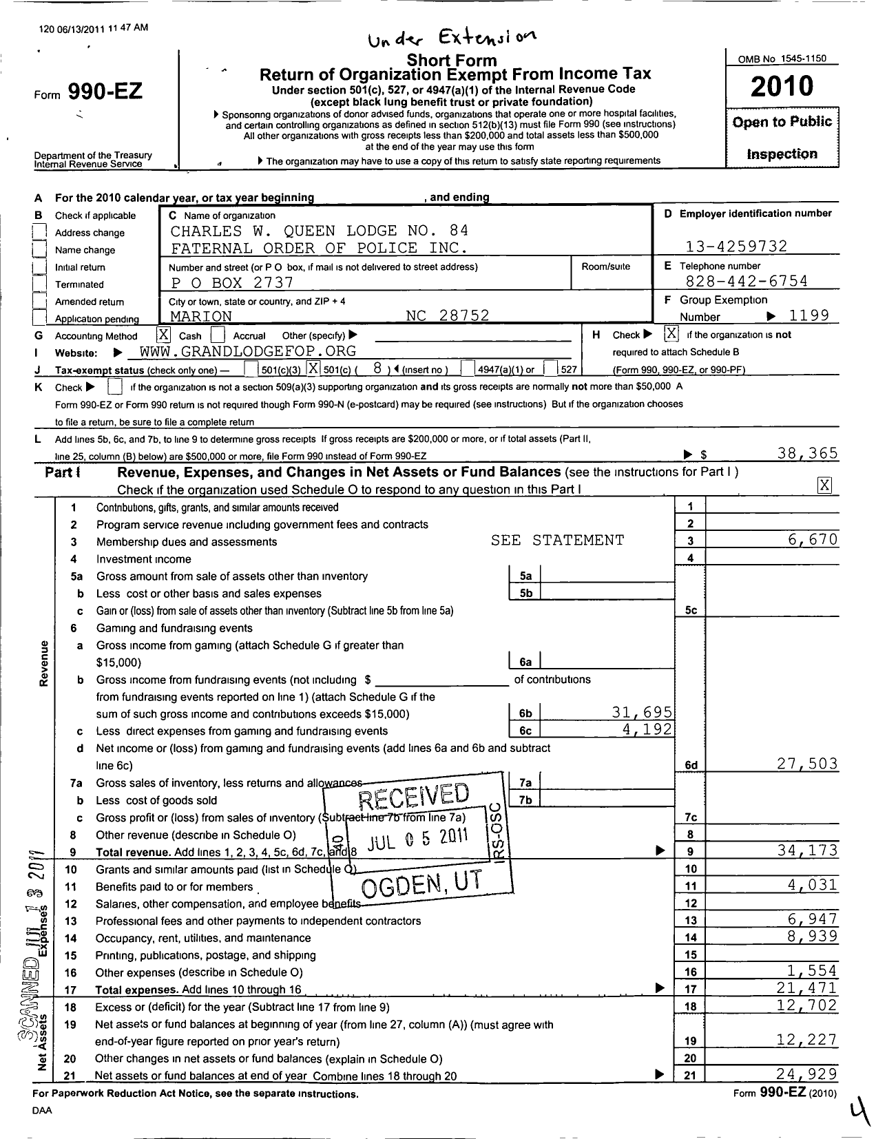 Image of first page of 2010 Form 990EO for Fraternal Order of Police - 84 Mcdowell County Lodge