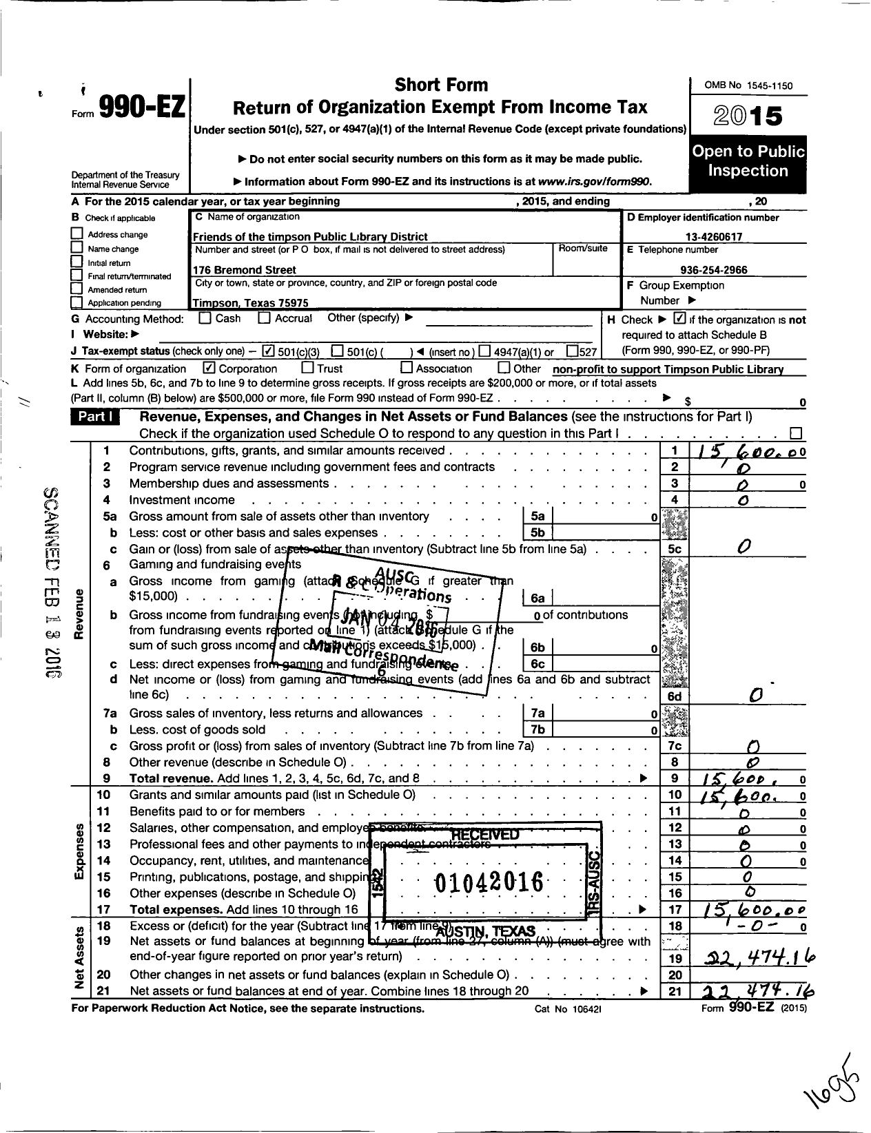 Image of first page of 2015 Form 990EZ for Friends of the Timpson Public Library District