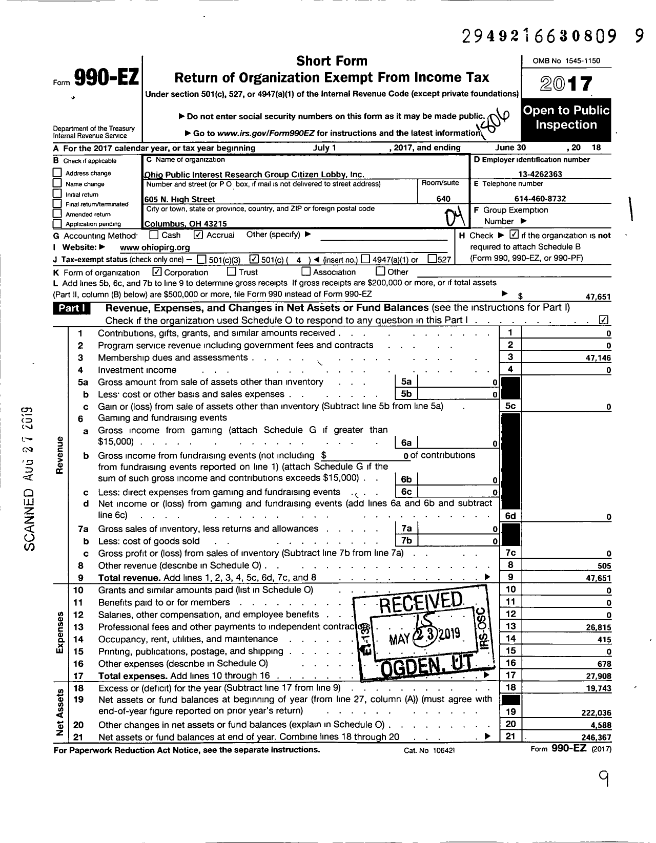 Image of first page of 2017 Form 990EO for Ohio Pirg Citizen Lobby