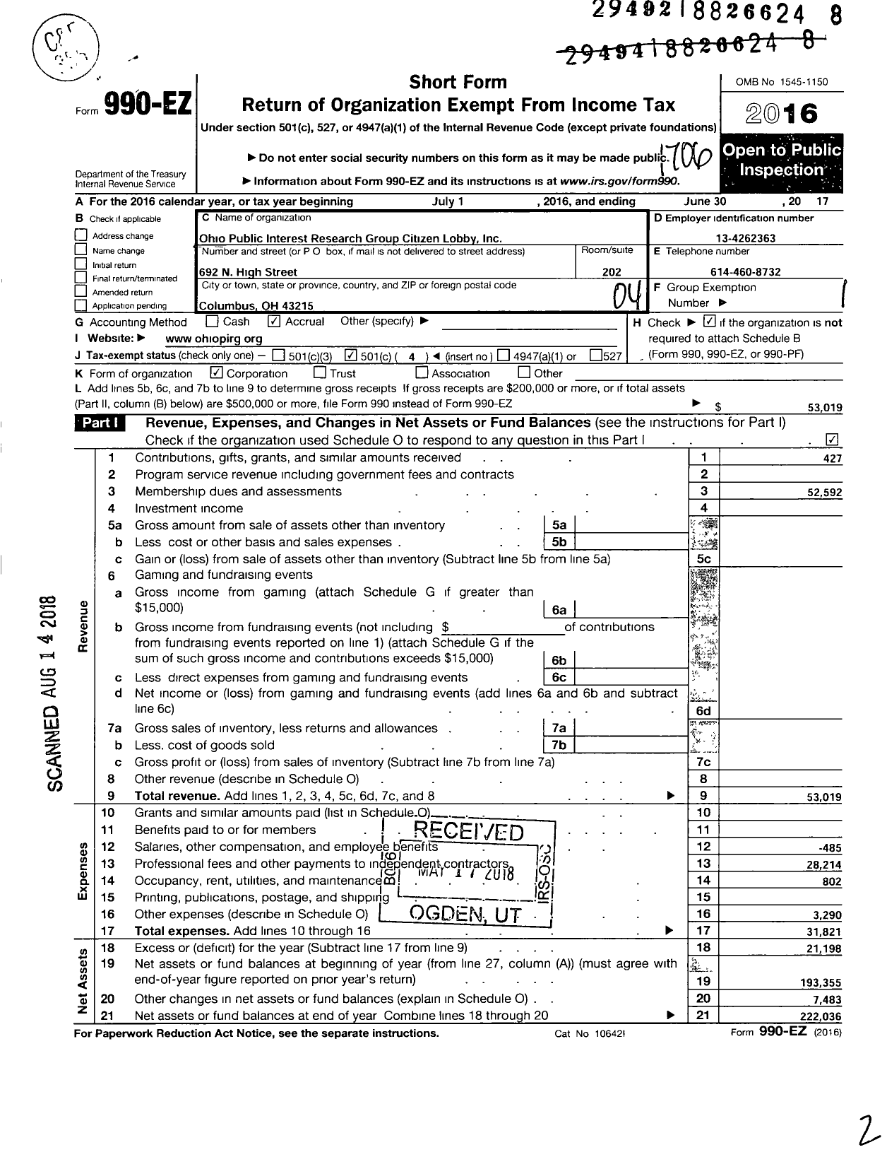 Image of first page of 2016 Form 990EO for Ohio Pirg Citizen Lobby