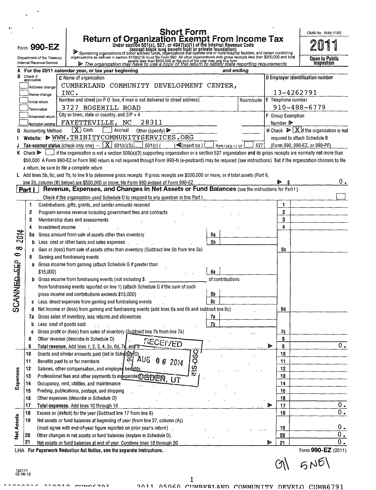 Image of first page of 2011 Form 990EZ for Trinity Christian School / Cumberland Community Development Center Inc