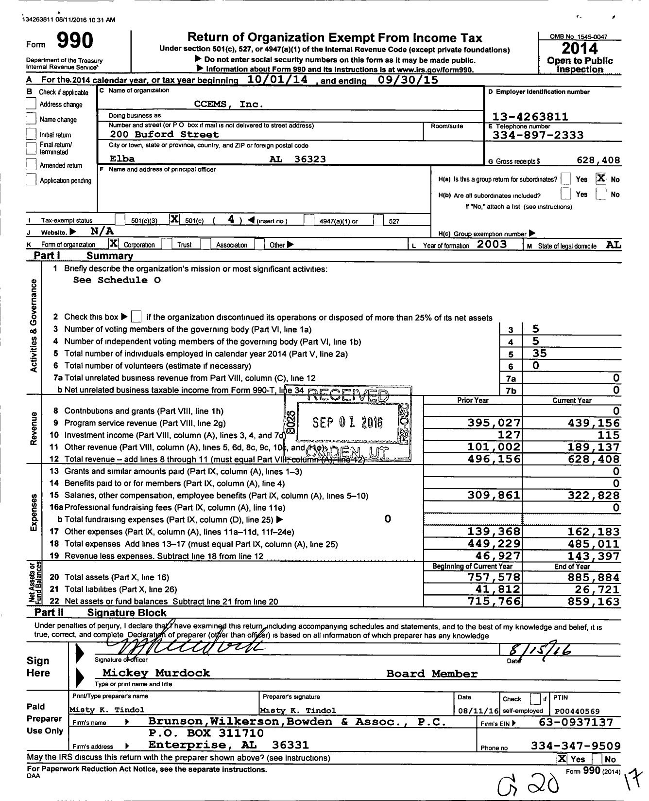 Image of first page of 2014 Form 990O for Ccems