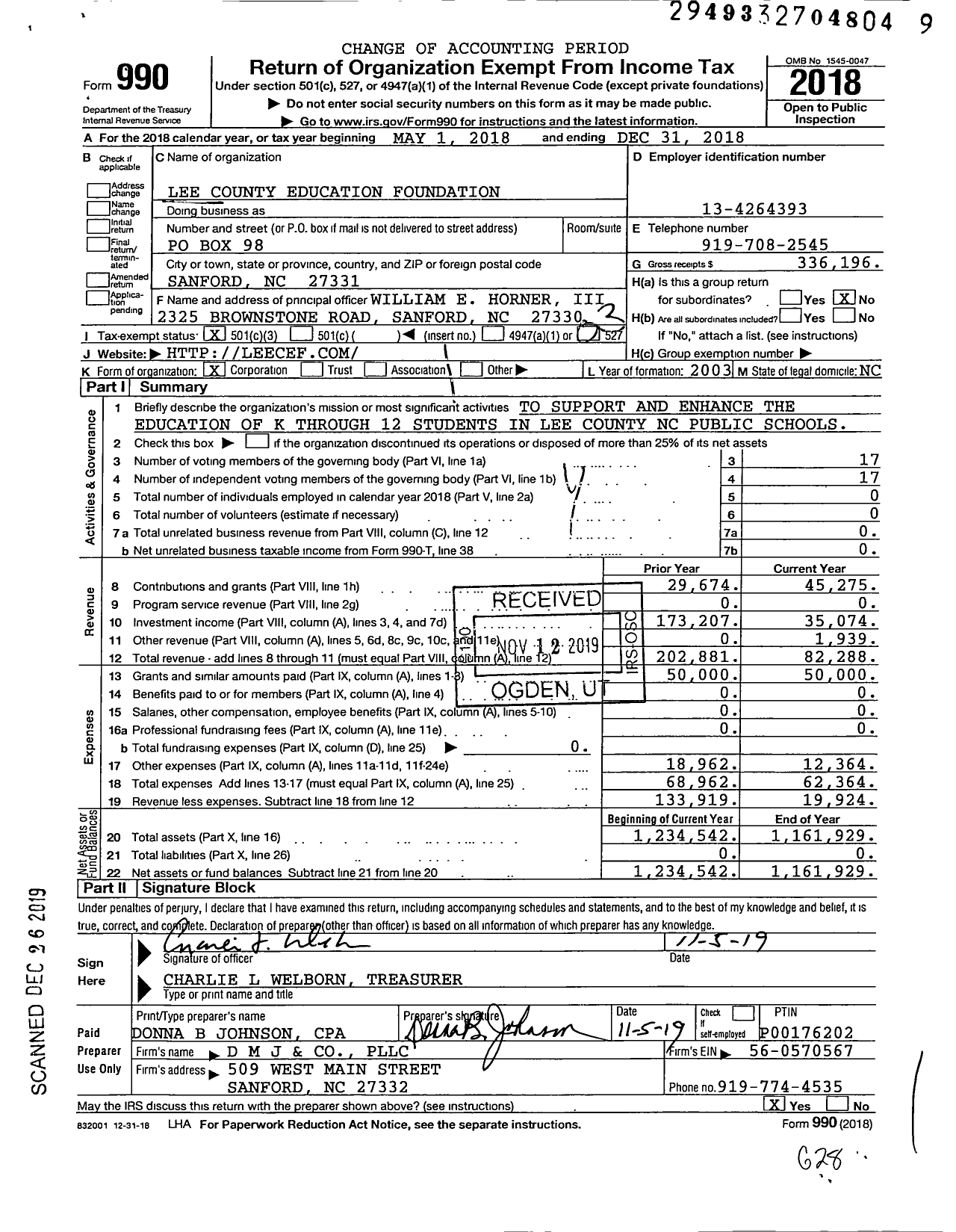 Image of first page of 2018 Form 990 for Lee County Education Foundation