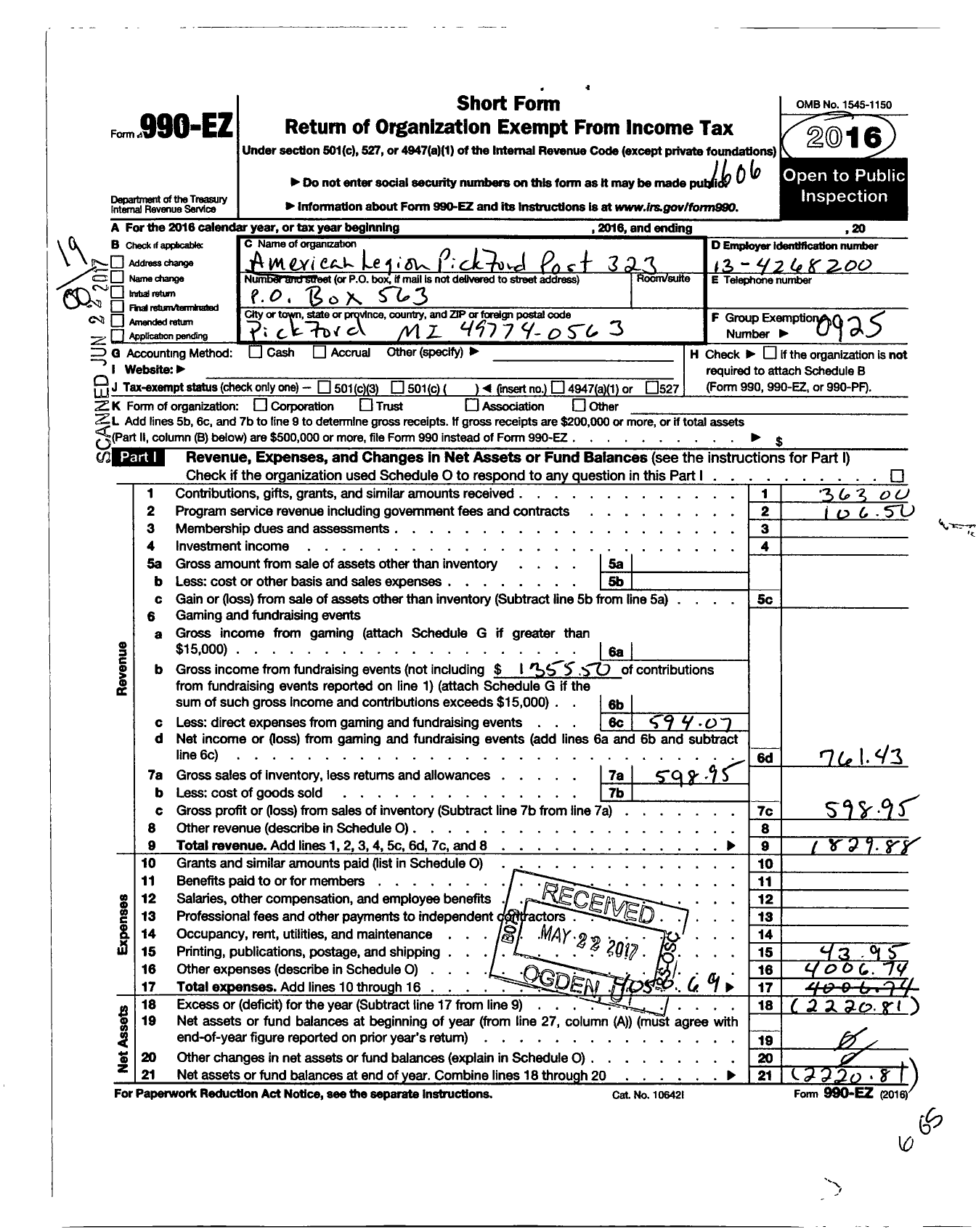 Image of first page of 2015 Form 990EO for American Legion - 323 Pickford