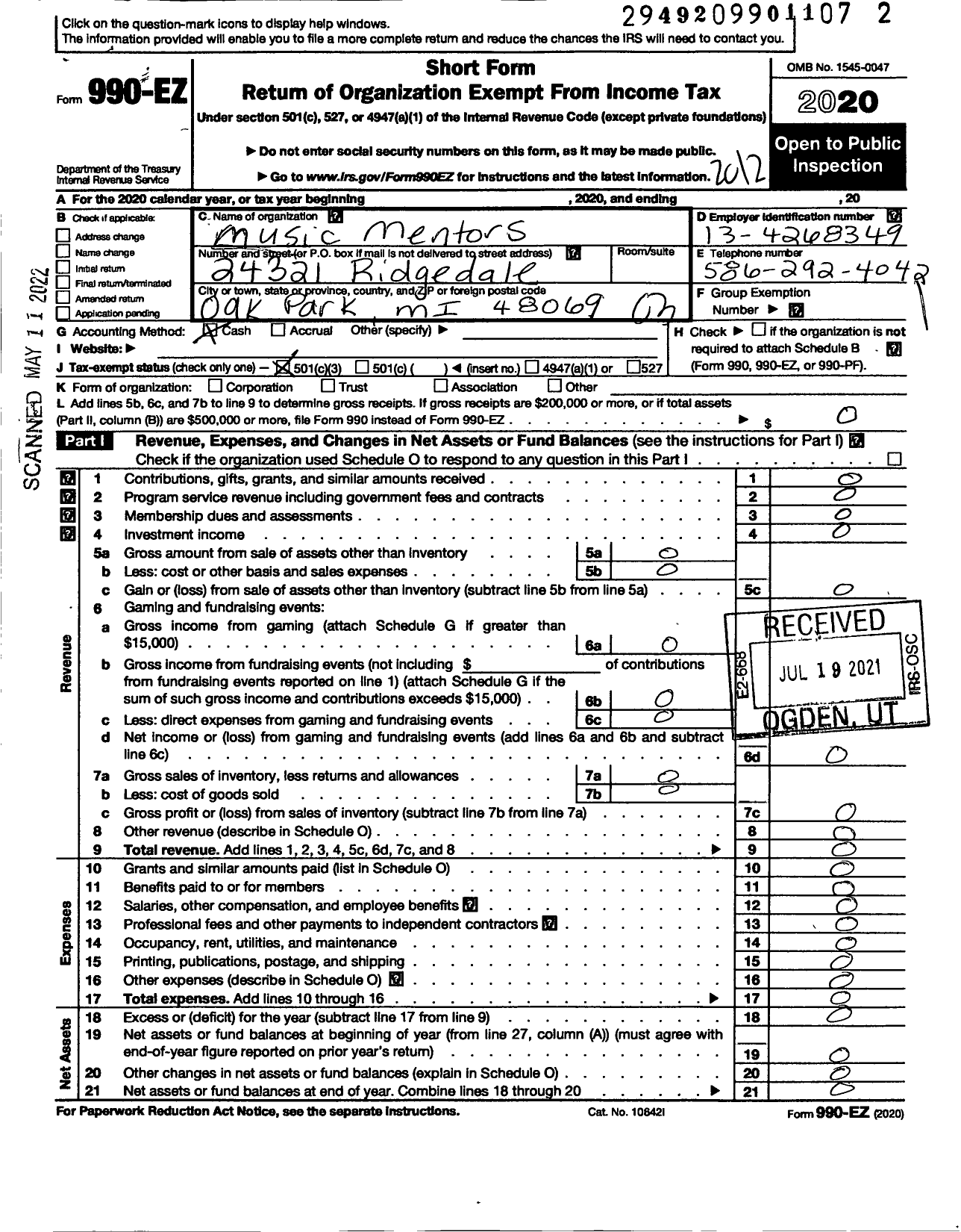 Image of first page of 2020 Form 990EZ for Music Mentors