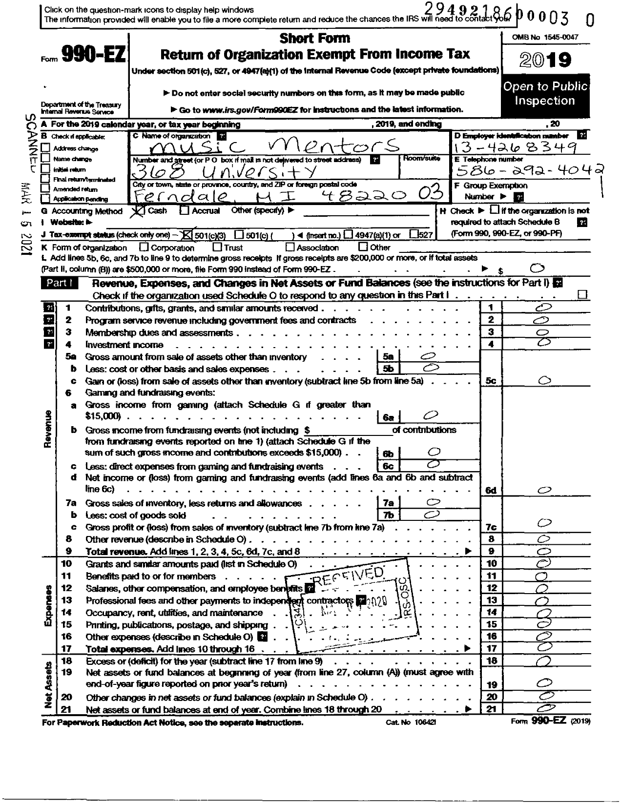 Image of first page of 2019 Form 990EZ for Music Mentors