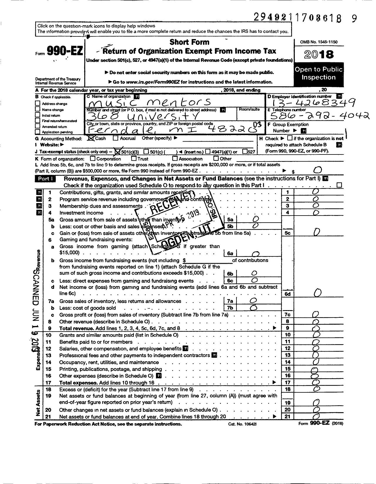 Image of first page of 2018 Form 990EZ for Music Mentors