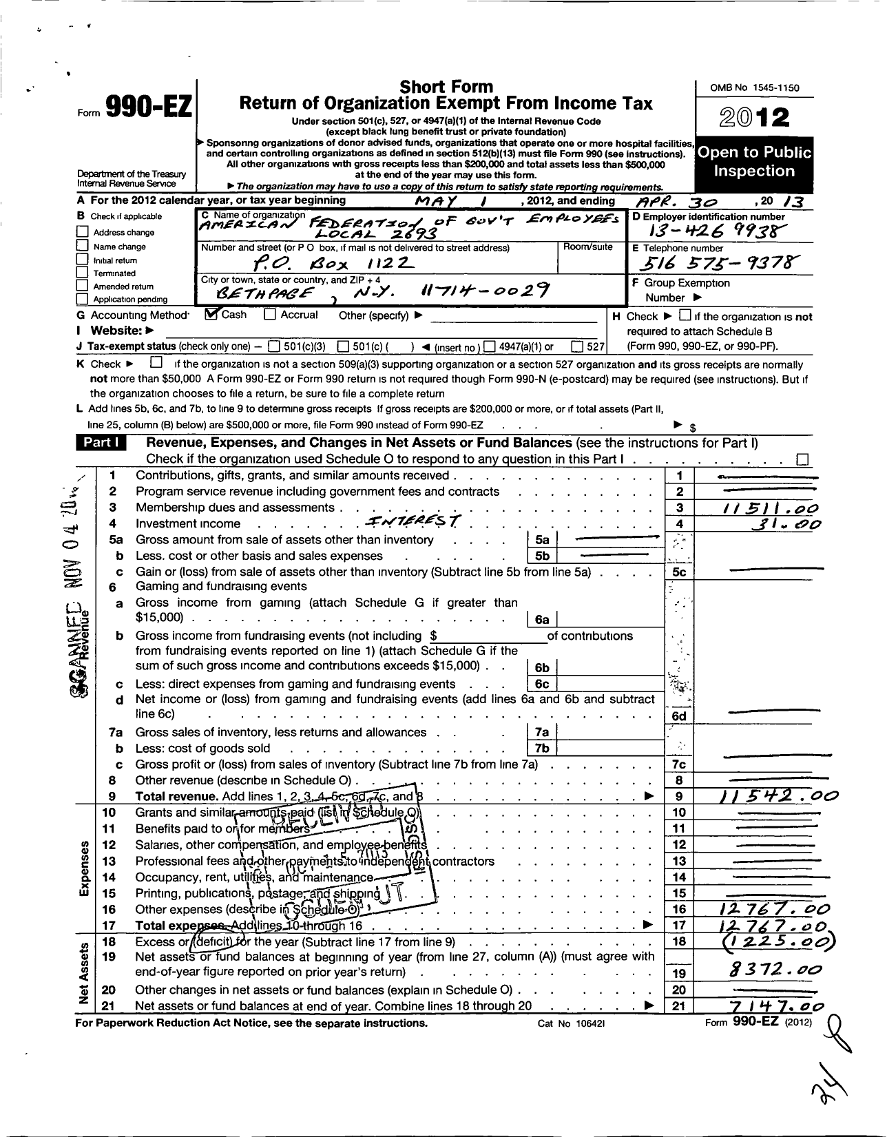 Image of first page of 2012 Form 990EO for American Federation of Government Employees - 2693 Afge Dod Local